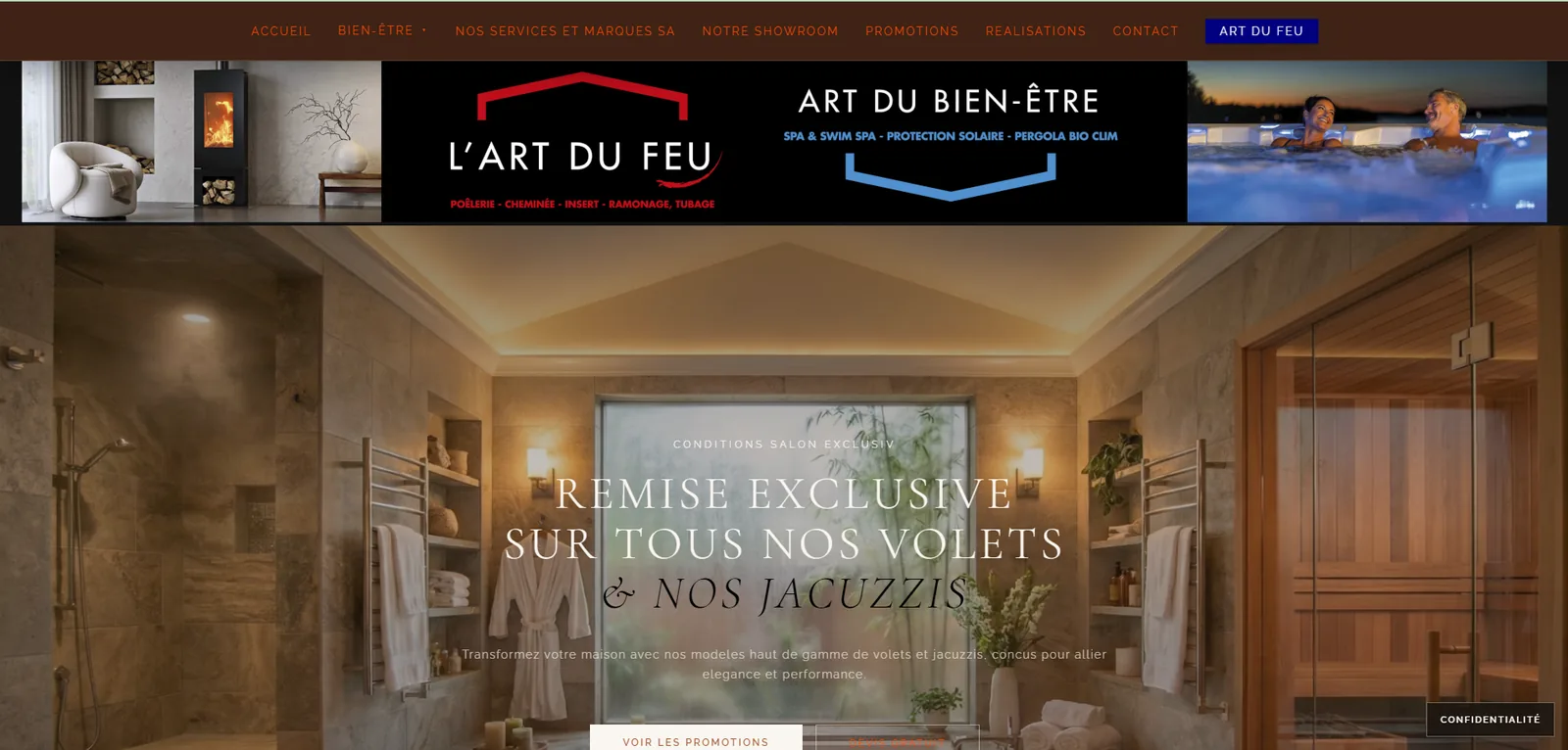 Page d'accueil du site L'Art du Bien-Être : bandeau L'Art du Feu et Art du Bien-Être, puis visuel d'une salle de bain avec l'offre sur les volets et jacuzzis