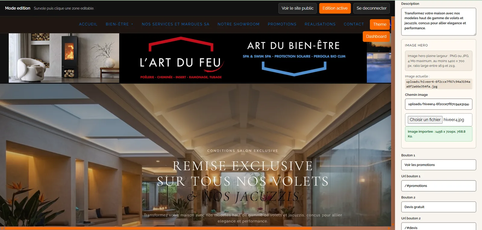 Back-office en mode édition : la page d'accueil à gauche, et à droite le panneau pour modifier la description, l'image du hero et les boutons